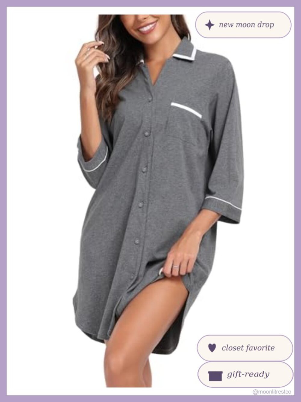 100% Cotton Nightgown 3/4 Sleeve Button Down Sleepshirt Comfy Lounge